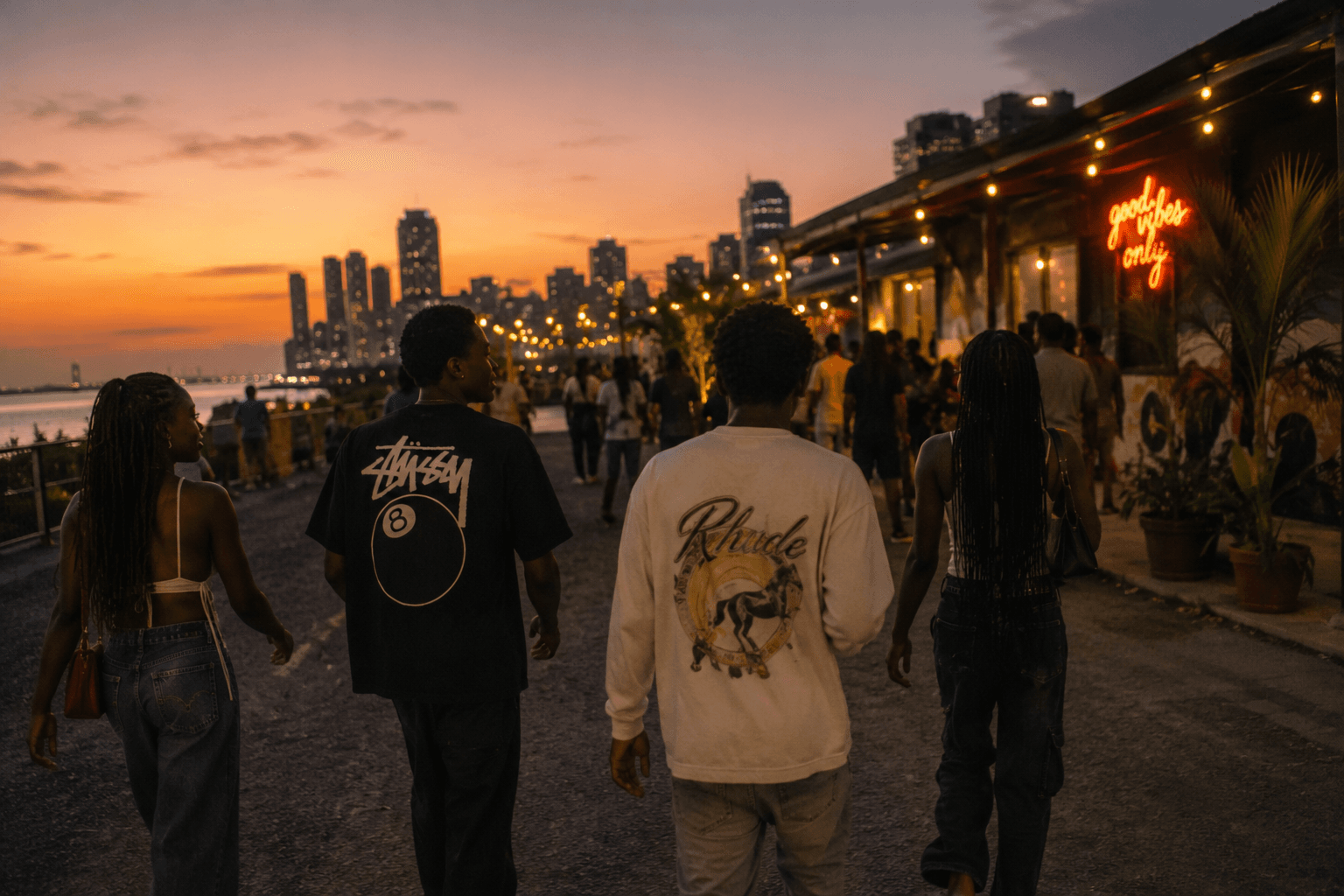 friends arriving somewhere at golden hour